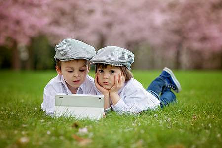 39086205-two-adorable-caucasian-boys-in-a-blooming-cherry-tree-garden-playing-on-tablet-in-the-afternoon