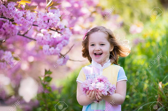 56545551-little-happy-girl-playing-under-blooming-cherry-tree-with-pink-flowers-child-holding-sakura-blossom-